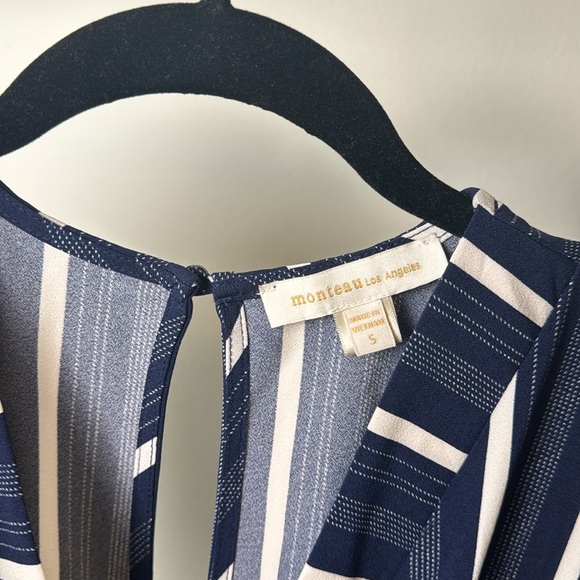 Monteau Navy and White Short Sleeve Belted Striped Open Back Jumpsuit Size Small - Picture 4 of 7